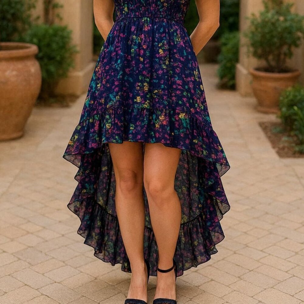 Modmodele Multicolor Abstract Print High Low Strapless Dress with Ruffled Edge M